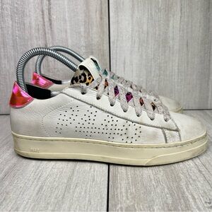 P448 Jack White Pink Leather Leopard Print Low Top Sneaker Womens Size 7 EUR 37